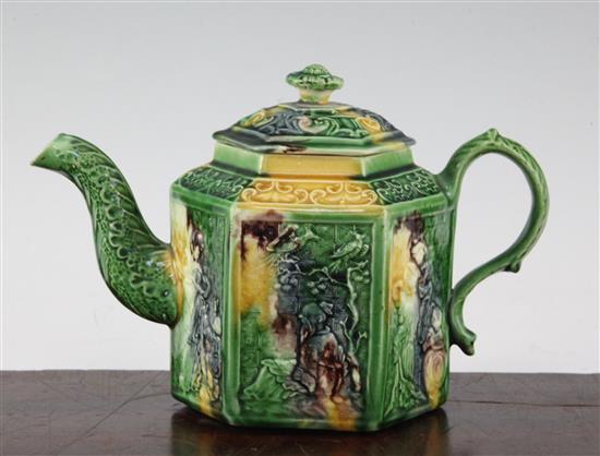 A Staffordshire lead-glazed creamware hexagonal teapot and cover, c.1760-5, h. 14cm, chip to spout